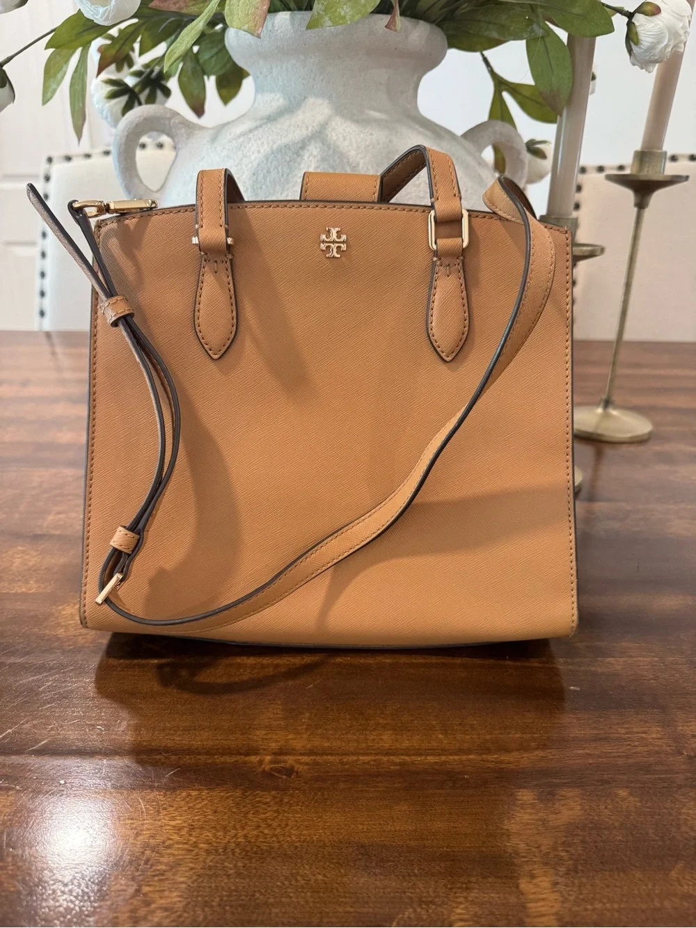 Tory Burch Camel/Tan Leather Structured Crossbody Tote